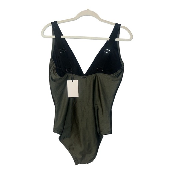 DKNY Green/Black V-Neck Contrast Trim One Piece Swimsuit, Size 12 - Picture 4 of 7